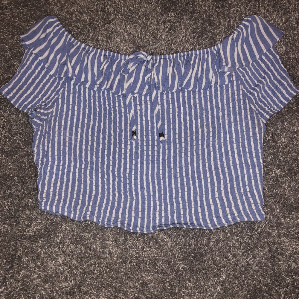 Blue Ruffle Off Shoulder Crop Top - Picture 2 of 3